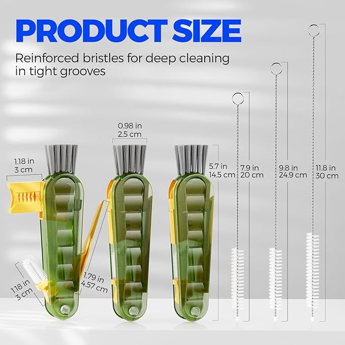 6 Pack Holikme 4 in 1 Cup Lid Cleaning Brush Set with 3 Straws, Multifunctional Bottle Brush, Silicone Cup Lid Gap Cleaner, Durable Bristle Crevice Cleaning Brush, Olive