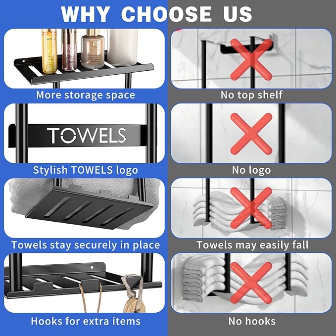 2-Tier Wall-Mounted Towel Rack with Hooks & Shelf, Black Metal Towel Holder for Small Bathrooms (Standard Version)
