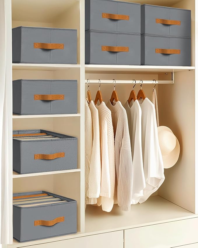 Homsorout Clothes Organizers and Storage - 4/5/7 Grids Fabric Jeans Organizer with Handles, Foldable Closet Organizers Dividers, Wardrobe organizer for Pant, Sweater, T-shirt, Scarf, 6 Pack, Pale Grey