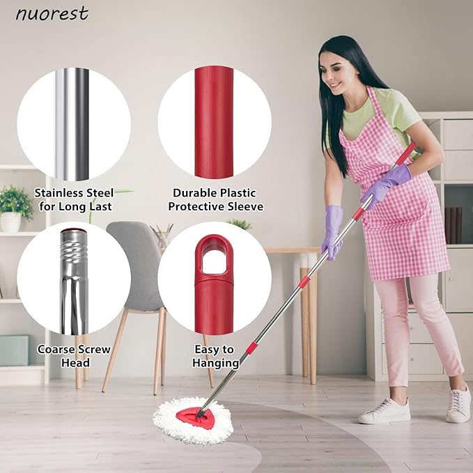 Spin Mop Replacement Set for O-Ceda EasyWring 1-Tank System, Includes 2 Mop Head Replacement, 1 Mop Handle (30-58in Adjustable 4-Section Pole), 1 Spin Base