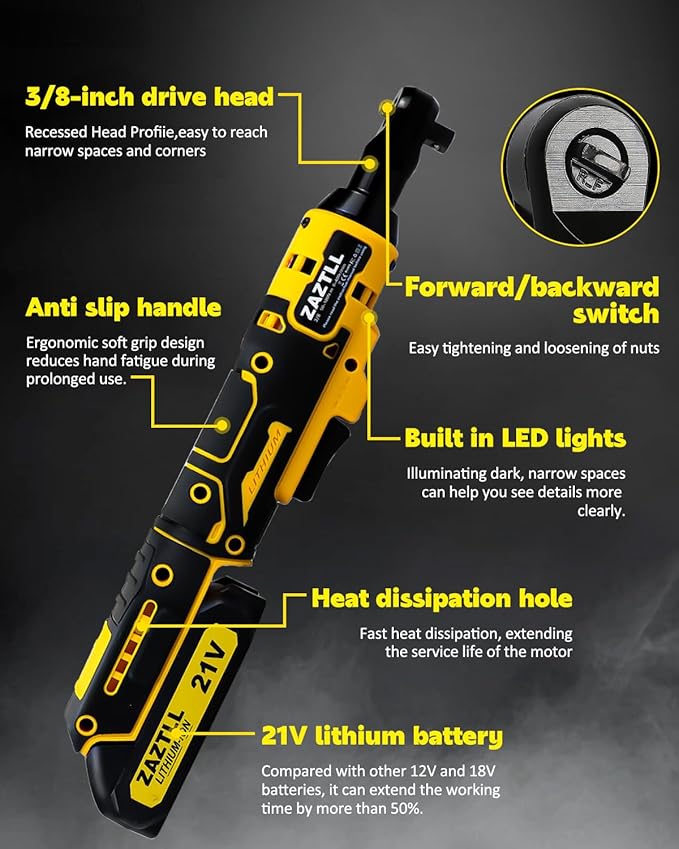 3/8" Cordless Ratchet Wrench,74Ft-lbs Electric Ratchet Wrench, Chargeable Power Ratchet Driver with 2 X 21V Lithium-Ion Battery,7 Sockets, 3" Extension Bar, 1/4" Adapter