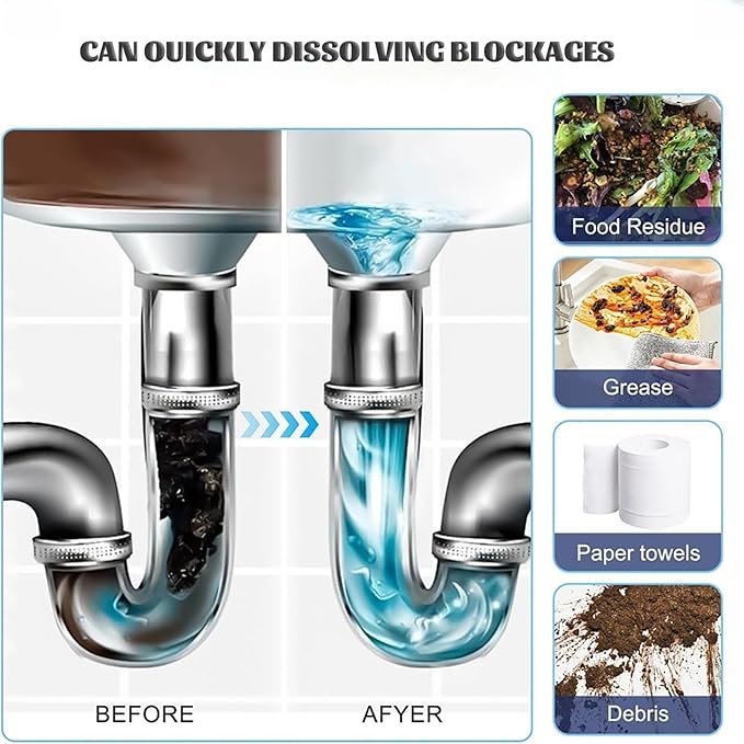 Powerful Sink and Drain Cleaner for Clogged Pipes, Kitchen, Bathroom and Shower (2PCS)