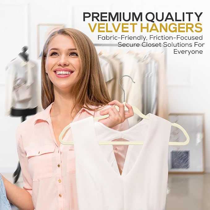 Techzoo Premium Velvet Hangers 30 Pack Ultra Thin Non Slip Adult Felt Space Saving Suit Hanger for Closet Heavy Duty Coat Pants Jackets Dress Hangers 360° Swivel Hook Hold Upto 10 lbs Ivory