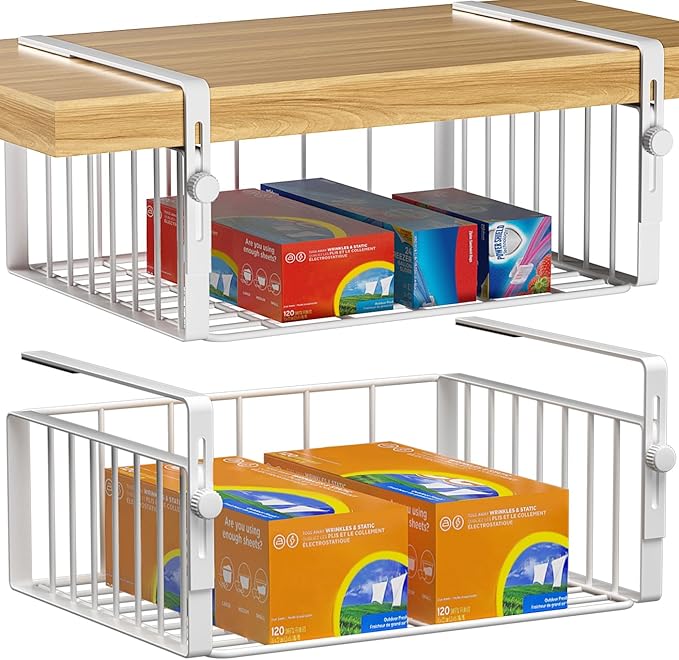 2Pack Under Shelf Basket Organizer,Adjustable Hanging Holder Storage for Cabinet Pantry Kitchen Cupboard Desk Counter Bookshelf Organization Add-on Space Saver Heavy Duty Slide-in,White