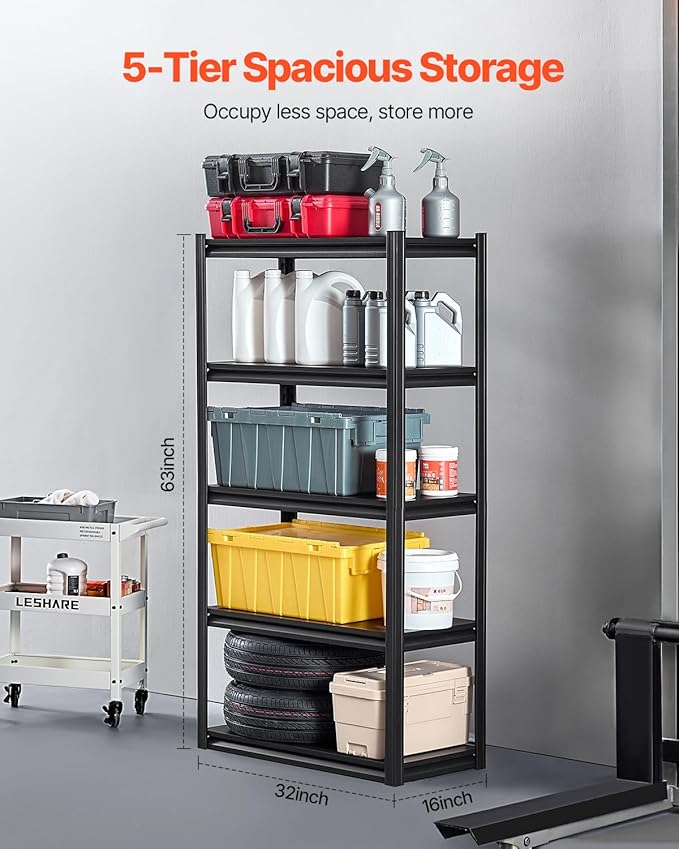 VEVOR Storage Shelves, 2000 lbs, 5 Tier Garage Storage Shelving, 16" D x 32" W x 63" H Adjustable Metal Shelves for Garage Shelves Utility Rack Shelf, Ideal for Kitchen, Warehouse, Basement, Black
