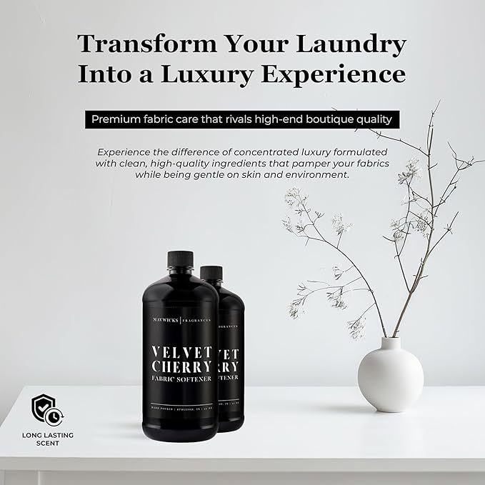 Mavwicks - Luxury Scented Liquid Fabric Softener (Velvet Cherry) 32 Oz – Crafted with Clean Ingredients – Reduces Static, and Softens Clothes – Safe for All Fabrics and Skin