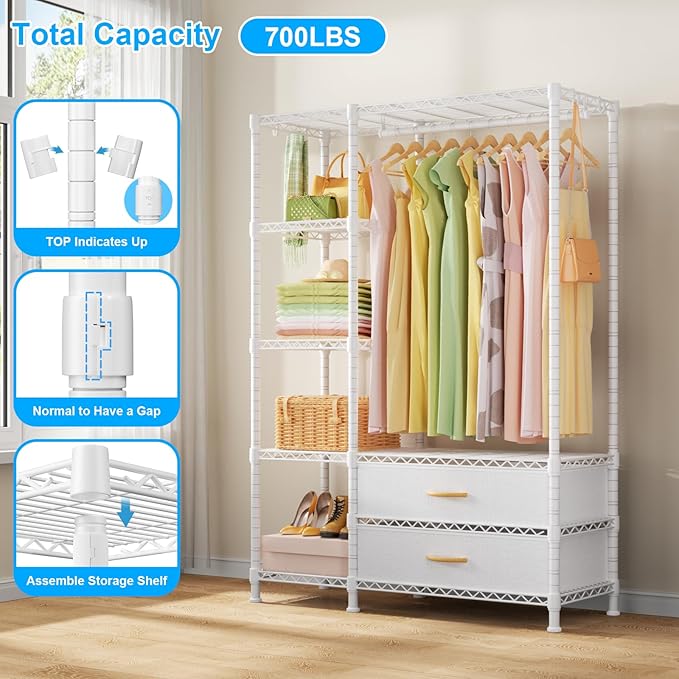 Ulif F3 Heavy Duty Clothes Rack（With Fabric Drawers）Freestanding Clothing Racks for Hanging Clothes，Adjustable Closet Organizer System，Portable Garment Rack 40" W x 15" D x 72" H，Max Load 700LBS，White