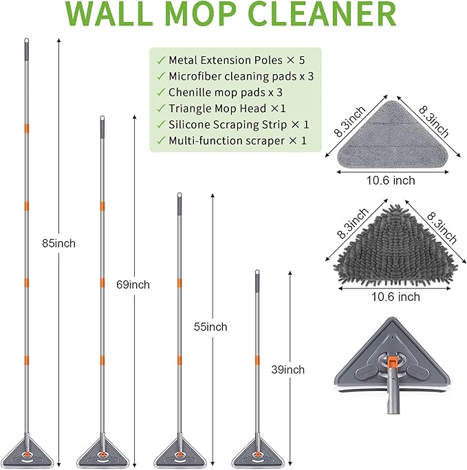 Long Handle Wall Mop 85 Inch, Wall Cleaner Ceiling Duster Extension Pole 39" to 85", 360° Rotatable Baseboard Wall Window Duster, Dry Dust /Wet Wash Cleaning Tool with 6 Replacement Chenille Pads