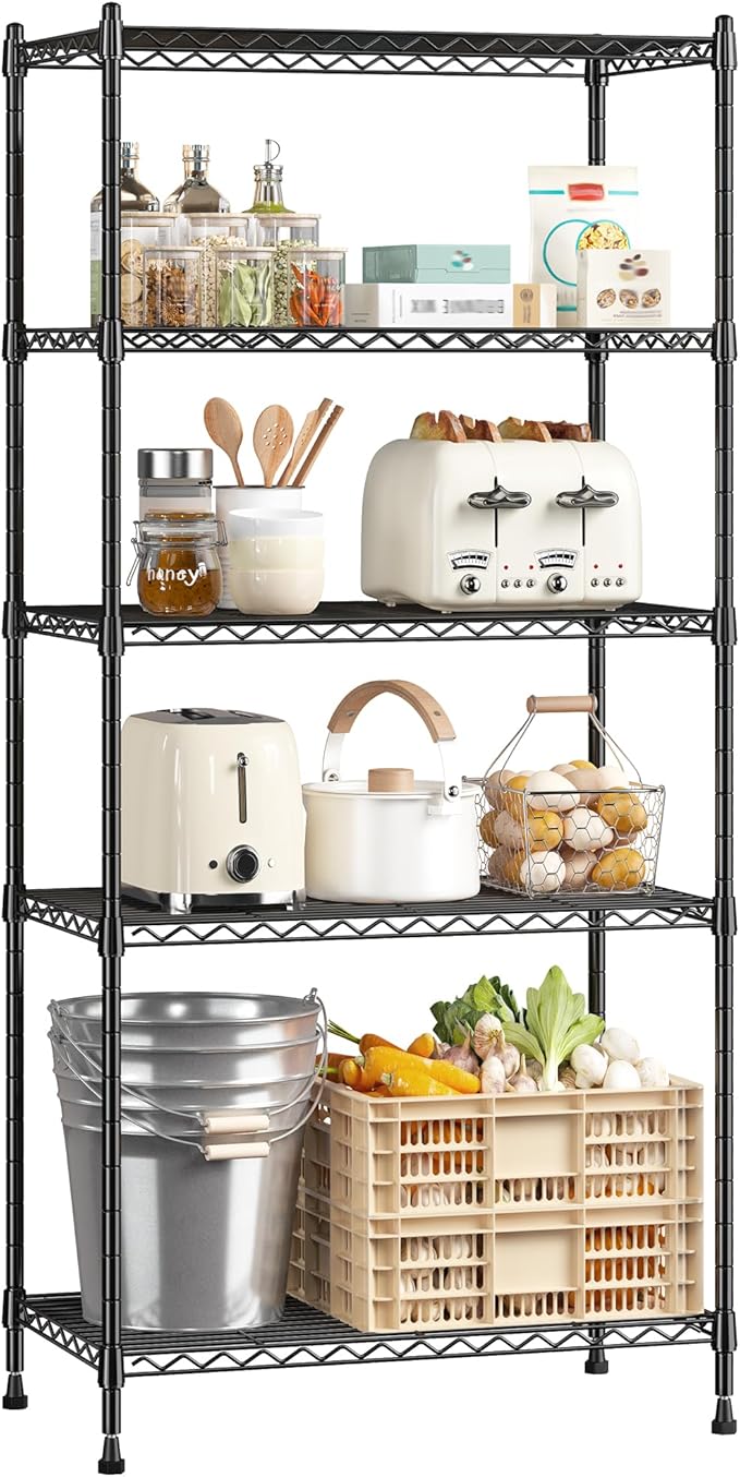 Romorgniz 5-Tier Shelf 1010LBS Storage Shelves Adjustable Wire Shelving Metal Shelving Unit Storage Rack for Kitchen Pantry Closet Laundry School Commercial 59.4" Hx21.5 W x13.6 D