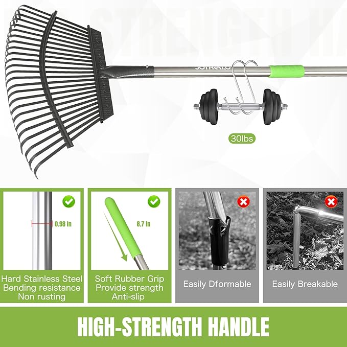 Joyhalo Rake for Leaves Adjustable 65 Inch Long, 18 Inch Wide Garden Rake with 25 Tines, Metal Leaf Rakes, Rakes for Lawns, Gathering Leaves, Weeds, Debris