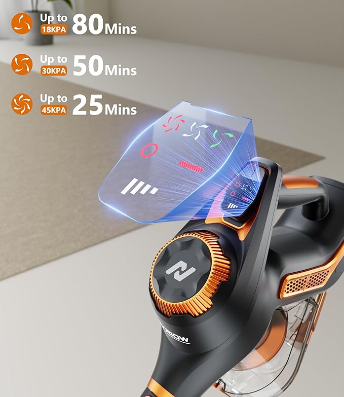 Nvriow Cordless Vacuum Cleaner for Home, 45Kpa Stick Vacuum, Max 80mins Runtime, 1.5L Dust Cup, Rechargeable Lightweight Handheld Vacuum for Carpet/Hardwood Floor/Pet Hair/Car (Sunset Orange)