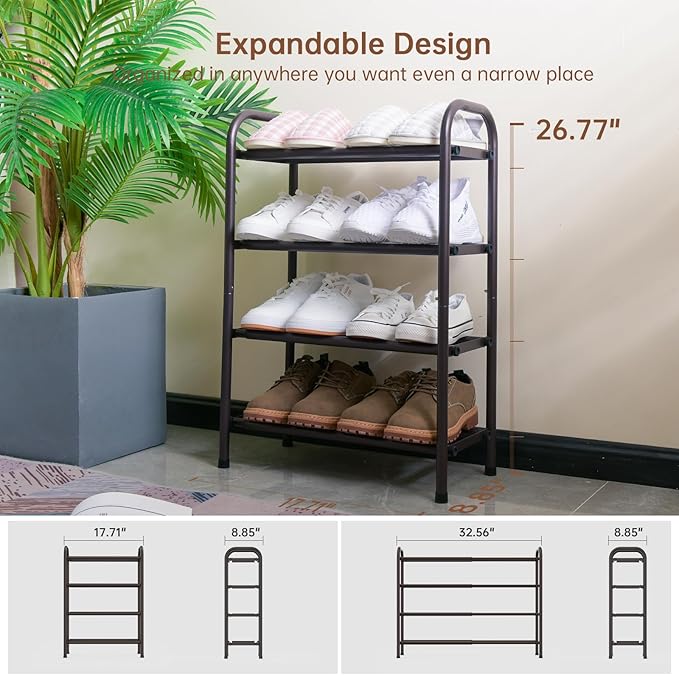 Gonfoam 4-Tier Expandable Shoe Rack,Adjustable Shoe Shelf Storage Organizer Heavy Duty Metal Free Standing Shoe Rack for Entryway Closet Doorway (Bronze)
