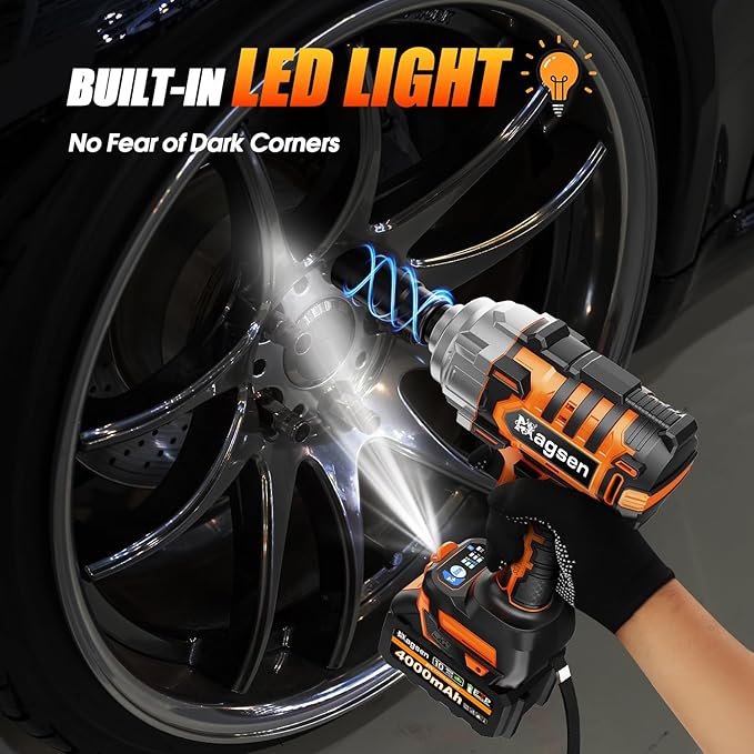 1500N.m Impact Wrench, 1/2" High Torque 1107ft-lbs Cordless Impact Gun with 2 x 4.0Ah Battery, 21V Power Impact Driver with 5 Sockets,LED Light,Electric Impact Truck RV Car Heavy Construction