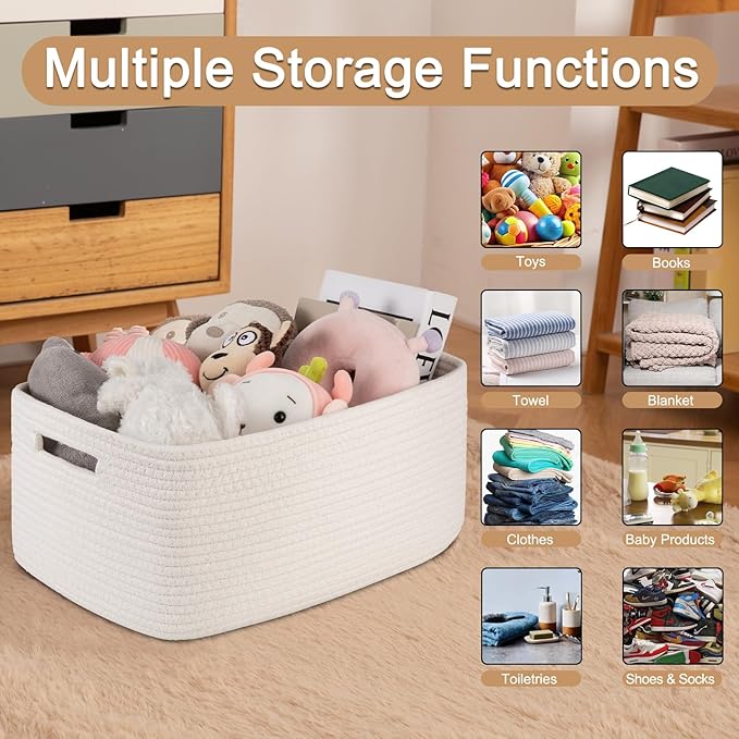Large Storage Basket for Organizing, Woven Rope Basket for Shelves, Closet Organizer Bins for Clothes, Blanket, Toys, Baby Nursery Storage, 17.7" x 13" x 7.87", 2 Packs White