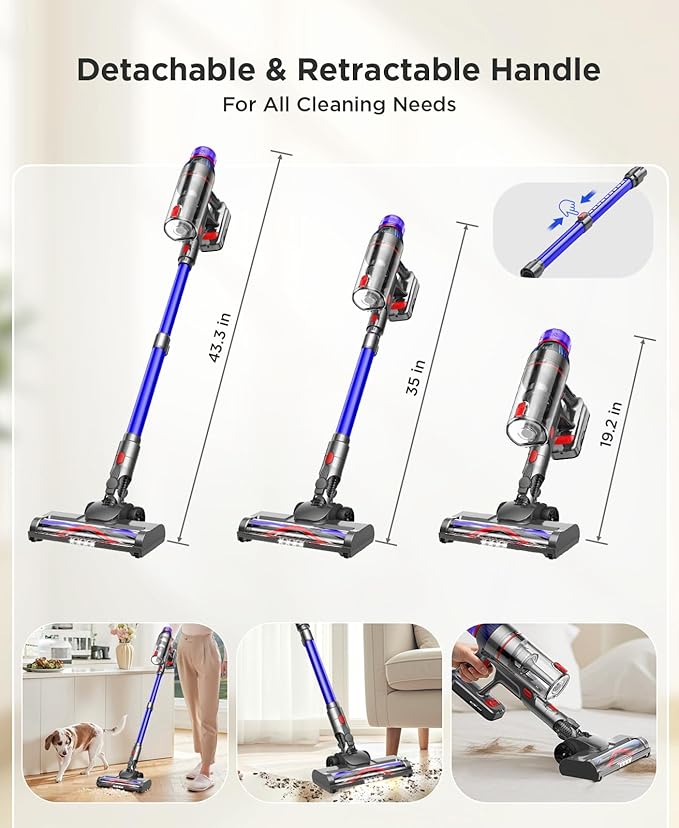 Cuzmok Cordless Stick Vacuum Cleaner for Home: Power Suction Vacuum Tangle-Free Lightweight Design & 2600mAh Detachable Battery Up to 50mins Runtime for Pet Hair Carpet Hardwood Floor