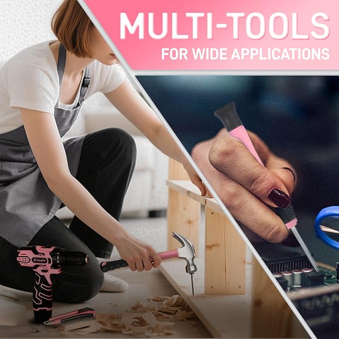 YOUGFIN Pink Drill Set, 195 Pieces Tool Set with 12V Cordles Drill, Home Tool Kits for Men & Women, Household Hand Tool Box, Perfect for DIY Office Repairing & Improvement