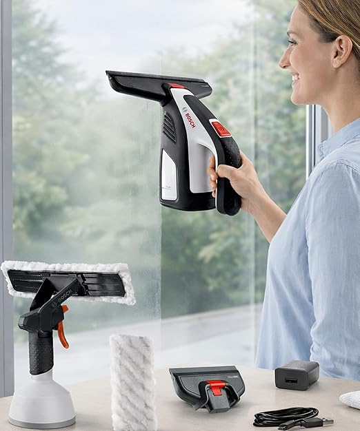 Bosch GlassVAC Cordless Electric Window Vacuum Squeegee Handheld Glass & Surface Cleaner Streak-Free Suction for Showers, Mirrors, Tiles, and Countertops – USB Rechargeable with Dual Head Attachments