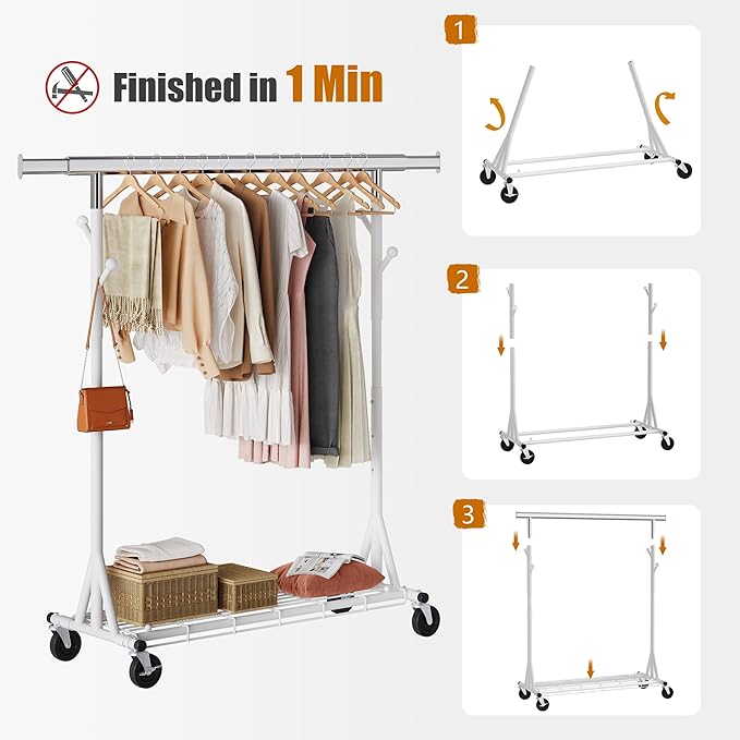 Gewudraw Heavy Duty Clothes Rack, 530 lbs Load Capacity Metal Garment Rack on Wheels - Collapsible Adjustable Portable Storage with Hooks, White
