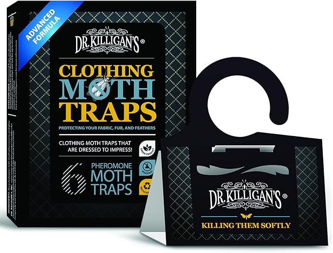 Dr. Killigan's Premium Clothing Moth Traps with Pheromones Prime | Non-Toxic Clothes Moth Trap with Lure for Closets & Carpet | Moth Treatment & Prevention | Case Making & Web Spinning (Black, 6 pack)