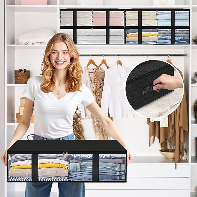 StorageRight Under Bed Storage Bins, 3-Pack 40L Foldable Fabric Storage Bags with Transparent Window, Breathable Organizer for Clothes/Blanket/Comforter/Quiltr, Black