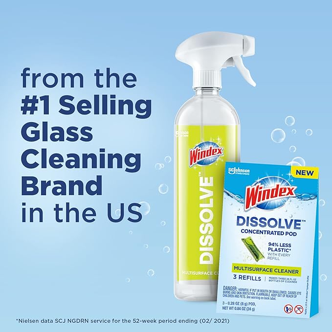 Windex Dissolve Concentrated Pods, Multisurface Cleaner Starter Kit contains 1 Reusable Bottle, 3 Concentrated Dissolvable Pods