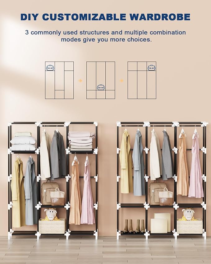 Mavivegue Portable Closet, 50 Inch Wardrobe Closet, Portable Closets for Hanging Clothes with 3 Hanging Rods and 6 Storage Shelves for Bedroom, Black