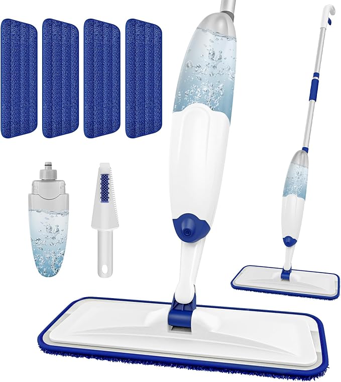 HOMTOYOU Microfiber Flat Mop with Sprayer: Spray Mop with 4 Washable Pads for Cleaning Multi-Surface Floors - 1Pcs 400+ML Refillable Bottle