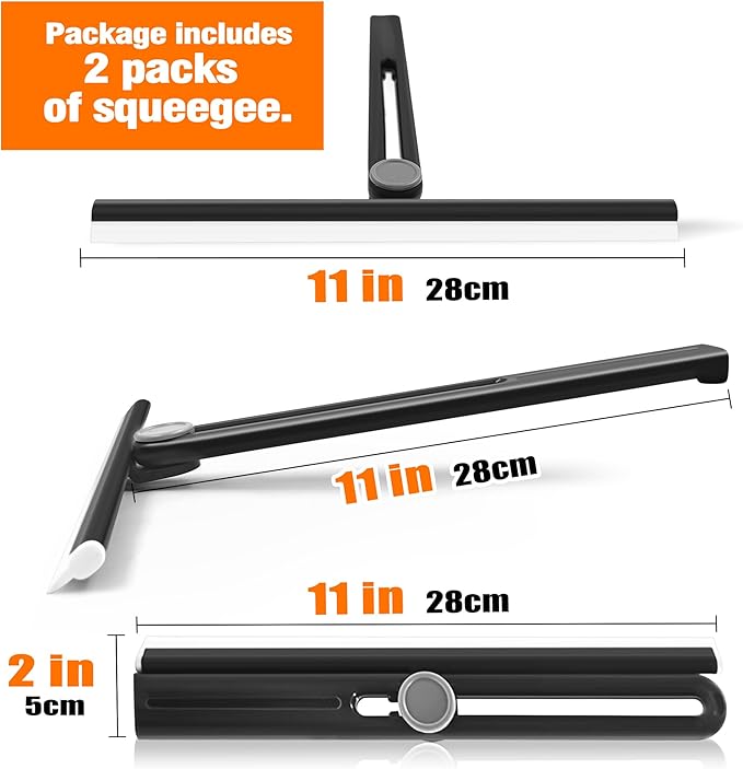 NEWE Shower Squeegee 2 Packs for Glass Doors, All-Purpose 360° Rotating Black Silicone Scraper Cleaner Tool for Tile, Walls, Mirror, Car Window, Countertop, Bathroom, 11 Inches