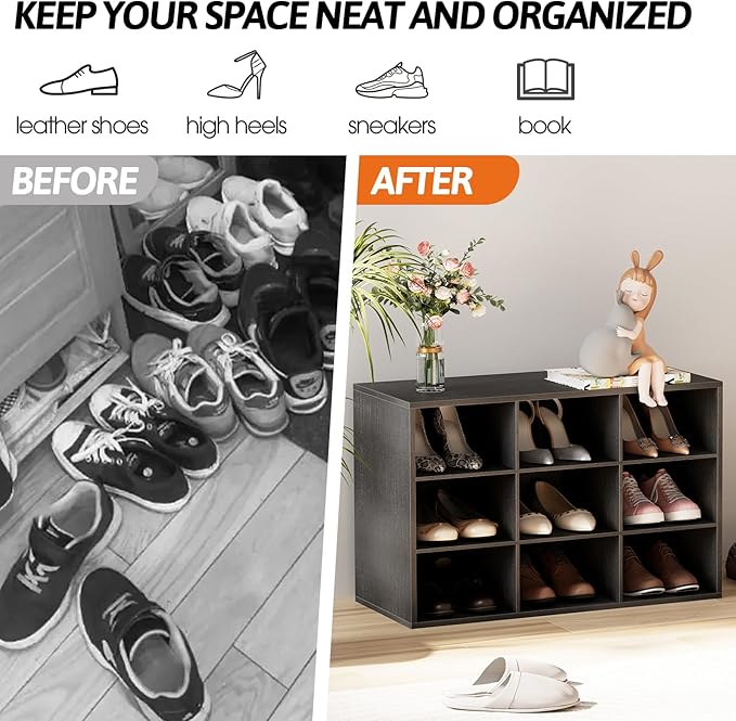 Garden 4 you Shoe Storage Bench, Cubby Shoe Rack with 9 Cubbies, 3-Tier Wood Shoe Rack Organizer, Shoe Organizer Cabinet for Entryway, Hallway, Closet and Garage, Black