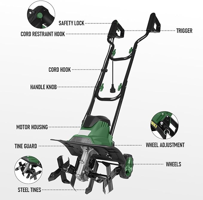14-Inch Electric Tiller Cultivator, LAZYLAND 10A 360RPM Corded Rototiller with 8.7-Inch Tillling Depth, 4X4 Steel Tines for Garden/Lawn/Yard/Soil Aeration/Soil Cultivation