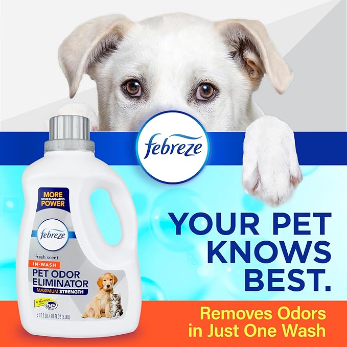 Febreze Laundry Detergent Additive for Pet Supplies,Maximum Strength In Wash Pet Odor Eliminator,Designed to Remove Tough Odors in Fabrics and Clothing-in a Wash,Fresh Scent,98 fl oz,(Pack of 2)