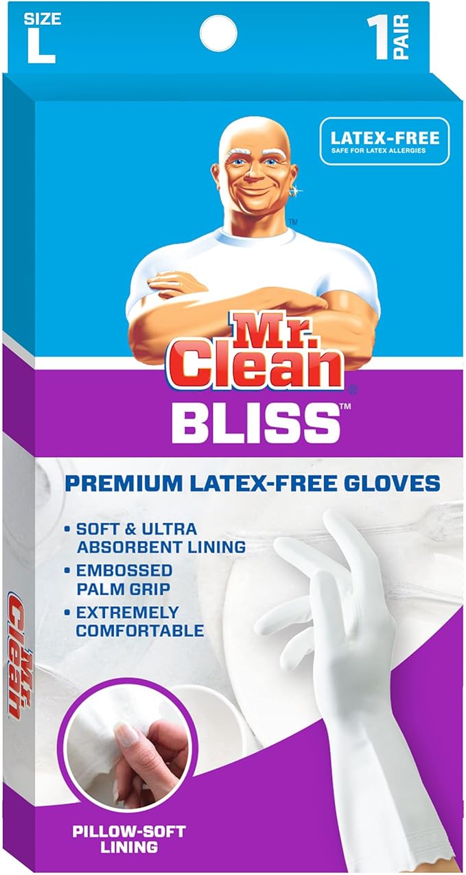 Mr. Clean Bliss Premium Reusable Latex-Free Vinyl Cleaning Gloves with Non-Slip Grip, Large