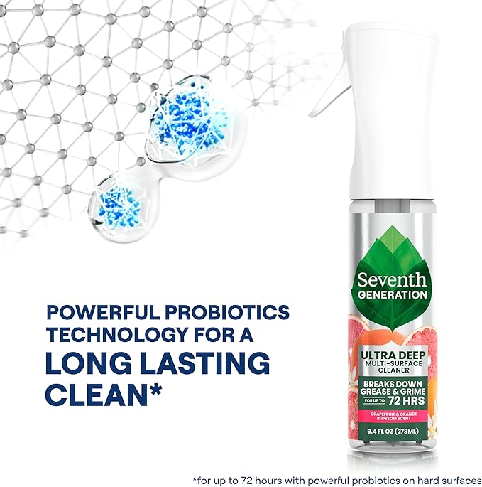 Seventh Generation Ultra Deep Probiotic Multi Surface Cleaner, 9.4 Fl Oz, Grapefruit & Orange, 80% USDA Biobased All Purpose Cleaning Spray, Breaks Down Tough Grease & Grime, Safe for Kids & Pets