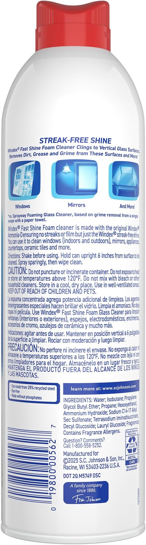 Windex Fast Shine Foam Glass Cleaner Supplies, No-Drip Window & Mirror Aerosol Spray, Streak-Free, Removes Fingerprints, Dust, Dirt & Smoke Film, Grapefruit Scent, 19 oz
