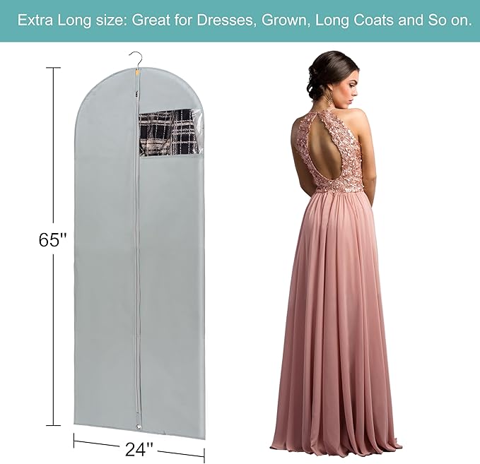 MsKitchen Dress Bags for Gowns Long, 65" Long Dress Bags for Hanging Clothes Clear Windows Foldable Long Garment Bag for Storage and Travel-24"x 65"/2 Pack