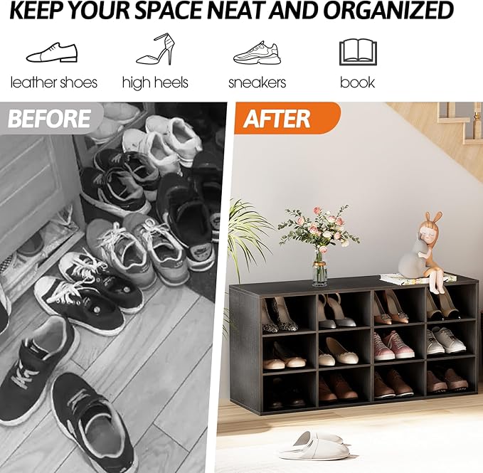 Garden 4 you Shoe Storage Bench, Cubby Shoe Rack with 12 Cubbies, 3-Tier Wood Shoe Rack Organizer, Shoe Organizer Cabinet for Entryway, Hallway, Closet and Garage, Black