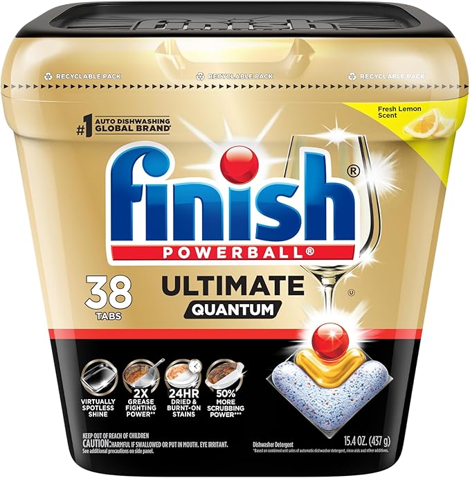 Finish Ultimate Quantum Dishwasher Pods, New & Improved Formula, Dishwasher Detergent Dish Soap, Removes Burnt-On & Dried-On Stain, Degreasing & Scrubbing Power, Lemon Scent, 38 Count