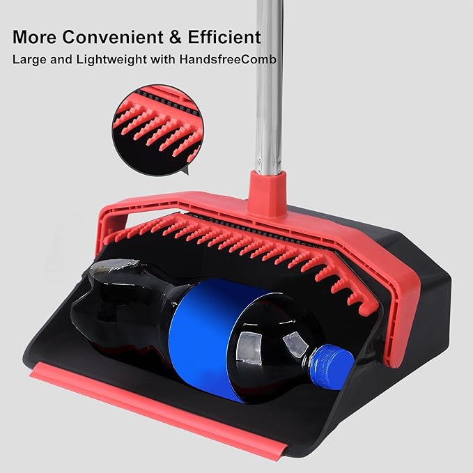 Upgrade Broom and Dustpan Set, 51'' Sturdy Long Handle, Large Upright Stand Up Broom and Dustpan, ZeroGap Lip, Self-Cleaning Dustpan Teeth for Lobby Kitchen Office Floor - Black and Red