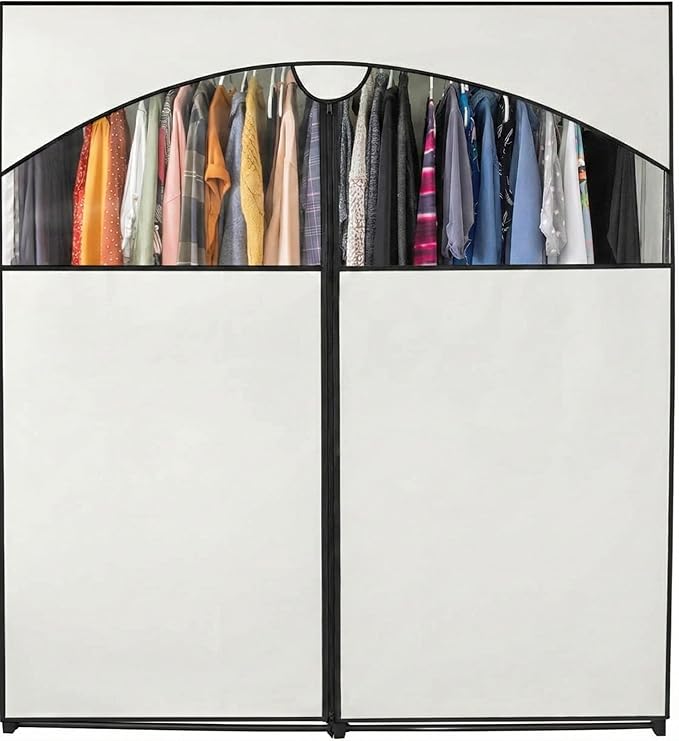 HOLDN’ STORAGE Portable Wardrobe Closet - 65 lb Large Capacity, Internal Heavy Duty Metal Rod, Zipper & Clear Window, Durable Clothes Organizer, Tool-Free Easy Assembly, White Canvas Cover