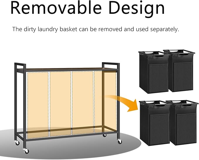 Laundry Hamper, Laundry Basket with 4 Pull-Out Removable Oxford Fabric Bags, 4 x 10.6 Gallons, Total 160L, Cloth Laundry Sorter with a Top Shelf 45.7"x13" (Black and Rust)