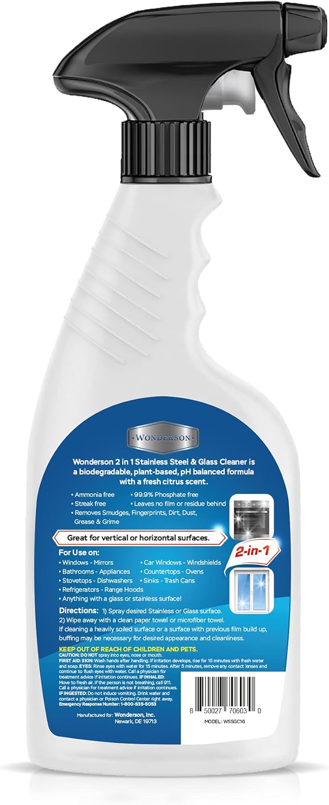 Wonderson 2-In-1 Stainless Steel & Glass Cleaner 16 Ounces - For Use On Appliances, Countertops, Sinks, Stovetops, Dishwashers, Windows, Bathrooms, Cars, & More!