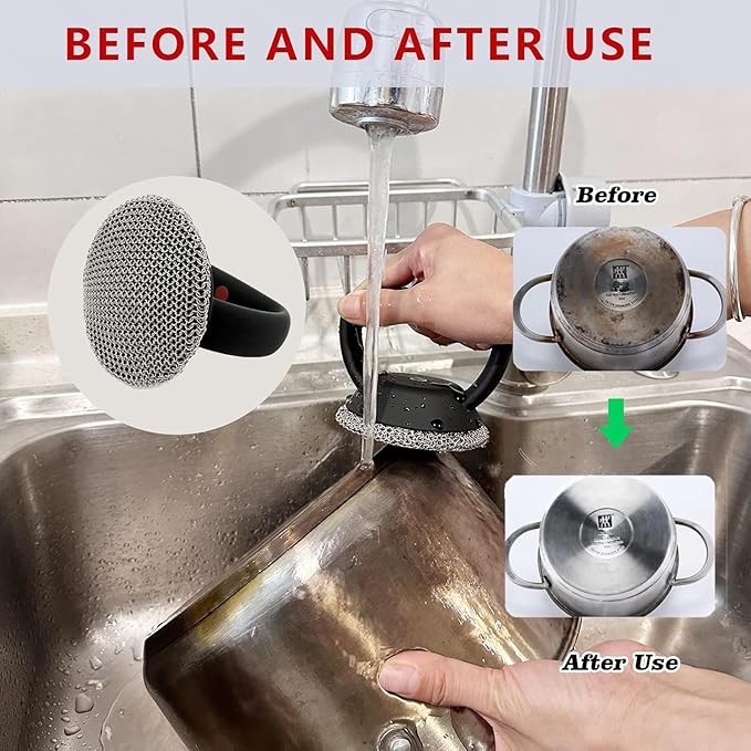 MEIXINZHI Cast Iron Cleaner, Chain Mail Scrubber & Pan Grill Scrapers - 2 in 1 Cast Iron Skillet Cleaner (Black, Without mat)