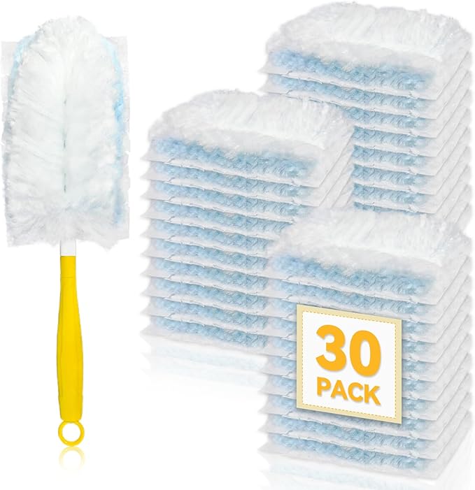 30 Pack Dusters Refills Compatible with Swiffer Duster Handle Models, 180° One Sided Duster Refills for Short and Extendable Handles, with 1 Pack Handle