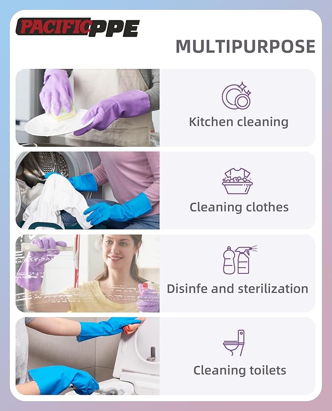 PACIFIC PPE 4 Pairs Reusable Dishwashing Cleaning Gloves with Latex Free, Cotton Lining, Kitchen Gloves, Blue, Medium
