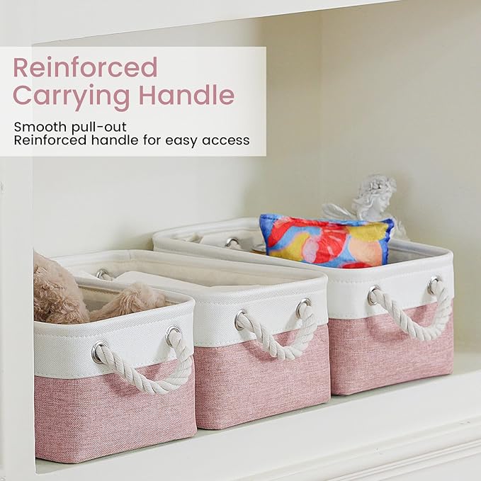 Storage Baskets for Shelves 11.8x7.9x5.2 Inch-Foldable Fabric Organizing Storage Bins with Handles, Closet & Bathroom Organizer, Home Storage for Kitchen, Office (3-Pack, White&Pink)