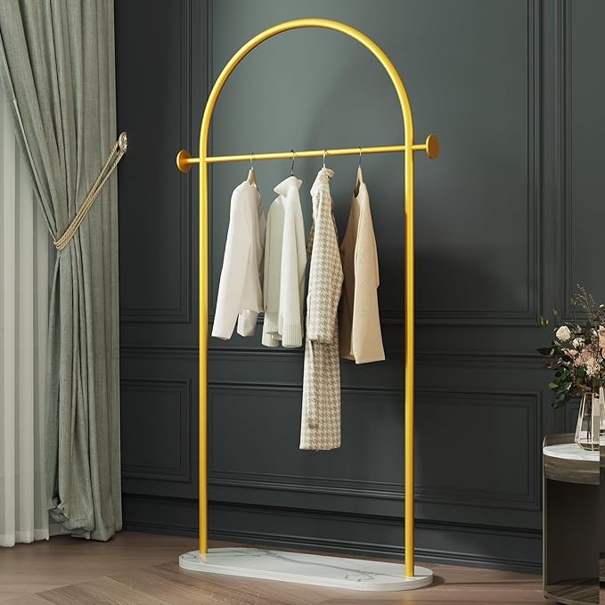Gold Clothing Rack with Marble Base,Modern Metal Garment Rack for Bedroom,Entryway & Boutique Display,Sturdy Open Closet Clothes Rack for Hanging Clothes,Coat Rack freestanding Heavy Duty