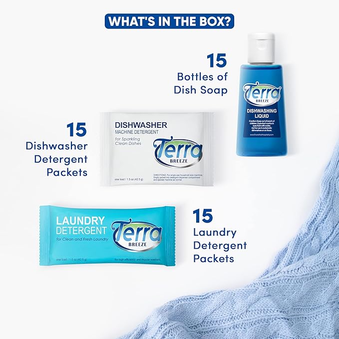 Travel Laundry Detergent & Dish Soap | Terra Breeze 1-Shoppe Amenities Kit | Laundry Soap, Dish Soap | 45 Pieces