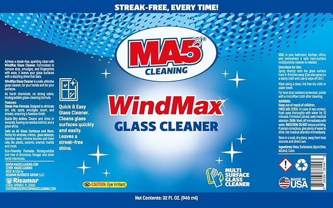 MA5x WindMax Glass Cleaner Spray – Window, Mirror, Shower & Glass Stovetop Cleaner – Streak-Free, Eco-Friendly, Pack of 2, 32oz Bottle