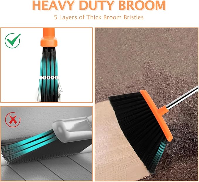 2-Pack Broom and Dustpan Set with Long Handle, Heavy Dust Broom and Dustpan Combo for Home，Kitchen, Office, Pet Hair (Brown Orange)