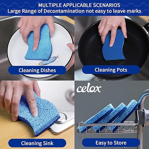 CELOX 6 Pack Non-Scratch Dish Sponge, Dual Sided Kitchen Sponges for Dishes, Long Lasting Dishwashing Household Cleaning Sponges for Kitchen, Easy to Dry and Reusable